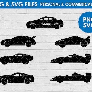 race car cars svg png files / digital download / vehicle sports car silhouette clipart / personal and commercial use / police car svg