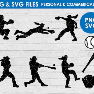 silueta de béisbol svg / béisbol femenino png svg / softbol de damas / equipo de béisbol guante bate bola / deportes femeninos / descarga instantánea