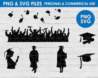 silueta de graduación clipart / graduación cap clip art / graduación svg / birrete y toga diploma png archivo de corte / clase de / grad clipart /