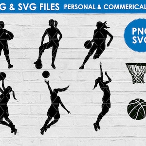 siluetas de jugadora de baloncesto femenina / archivos png svg / descarga digital / imágenes prediseñadas de deportes de equipo / imágenes prediseñadas de uso personal y comercial