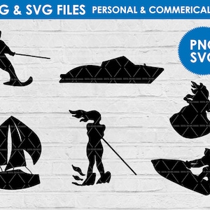 Silhueta de esqui aquático de verão svg / clipart de barco / clipart de esqui aquático / wakeboard svg / arquivo de corte svg de veleiro / vida no lago svg png