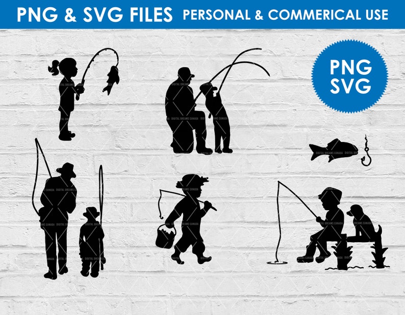 Puede incluir: Siluetas de personas pescando. Hay seis im&aacute;genes diferentes de personas pescando con ca&ntilde;as y l&iacute;neas. Las im&aacute;genes son negras sobre un fondo de ladrillos blancos. El texto "PNG & SVG FILES PERSONAL & COMMERCIAL USE" est&aacute; en la parte superior de la imagen. El texto "PNG SVG" est&aacute; en un c&iacute;rculo azul en la parte superior derecha de la imagen.