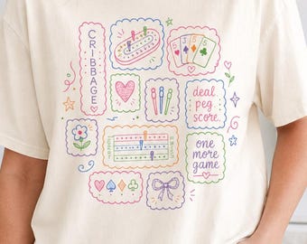 Cribbage Tee Garment Dyed Unisex T Shirt Women Game Night Cute Pastel Graphic Oversized Relaxed Heavyweight Casual Cream Aesthetic Cozy