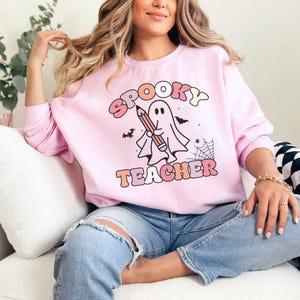 teacher halloween sweatshirt teacher gift pink retro ghost halloween shirt teacher crewneck for teacher costume for halloween outfit teacher