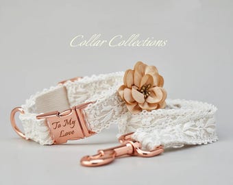 Weißes Spitzen-Hundehalsband mit Blume Rose Gold Hochzeit Hunde Outfit Samt Blumenmädchen Halsband Brautjungfer Haustier Geschenk Ausgefallenes Welpen Halskette Creme Flo