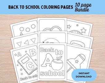 Peut inclure: Un ensemble de 10 pages à colorier en noir et blanc sur le thème de la rentrée scolaire. Les pages comprennent des images de lettres, de formes, d'une fusée, d'un bus scolaire et d'une pomme. Le texte "Back to School" est présenté sur l'une des pages.
