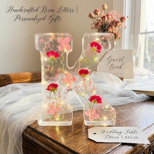 Custom Resin Flower Letter Light: Dried Floral Initial Night Light, Wedding Decor