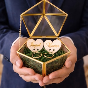 Geometric Glass Ring Box Personalized Terrarium Ring Bearer Holder Gold Wedding Box Custom Wooden Heart Ring Dish Modern Boho Ceremony Decor