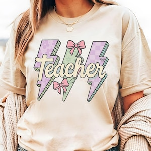 Pastel leraar shirt schattig leraar shirt voor vrouwen Lightning Bolt leraar Tee terug naar school leraar outfit boog leraar grafische T-shirt cadeau