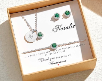 Custom Initial Bridesmaid Jewelry Set: Emerald Green Necklace, Earrings, Bracelet