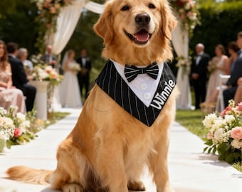 Bandana de esmoquin para golden retriever, traje de boda para perro grande, regalo personalizado para portador de anillos, traje de padrino para perro grande, atuendo personalizado de rayas para mascota