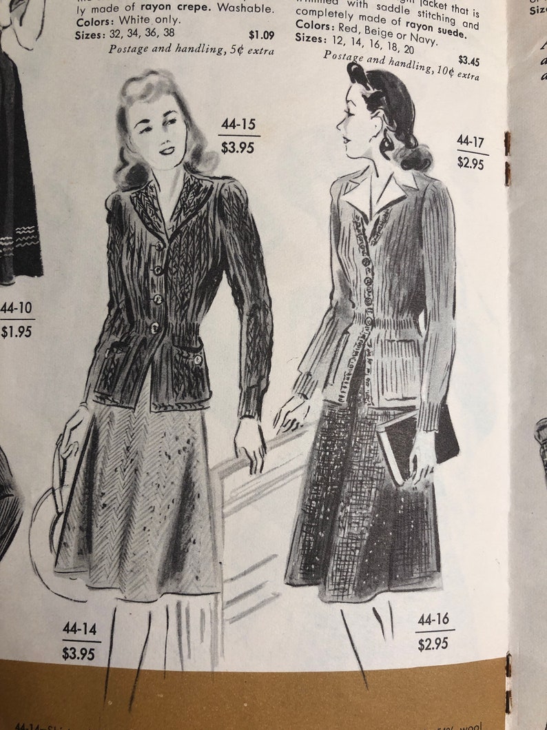 May include: Two women's fashion illustrations, one wearing a black cardigan with a white collar and a skirt, the other wearing a beige cardigan with a white collar and a skirt. Both illustrations have a price tag and a number next to them.