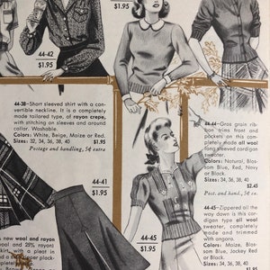 May include: A collection of women's clothing patterns, including a short-sleeved shirt, a cardigan sweater, a skirt, and a long-sleeved cardigan sweater. The patterns are all in black and white and feature a variety of styles.