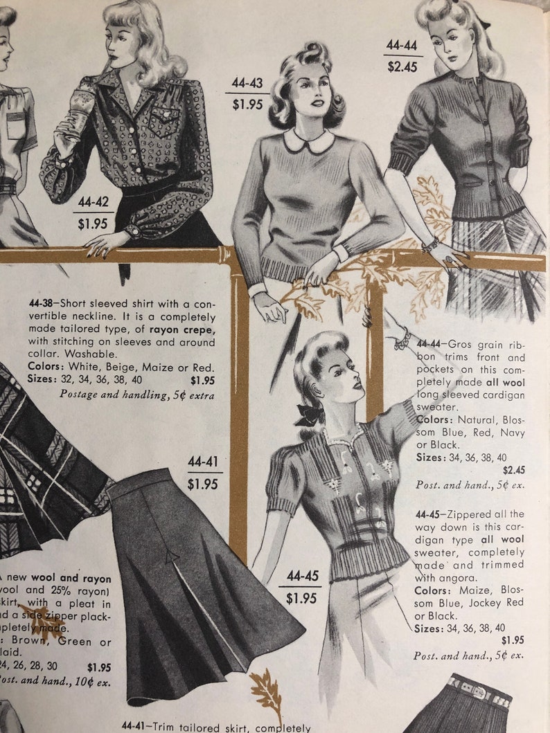 May include: A collection of women's clothing patterns, including a short-sleeved shirt, a cardigan sweater, a skirt, and a long-sleeved cardigan sweater. The patterns are all in black and white and feature a variety of styles.