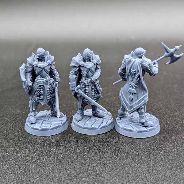 Knights and guards in armor miniatures 3d printed for D&D and Pathfinder.  Designed by CastnPlay.