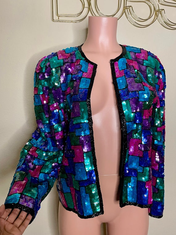 Vintage Laurence Kazar Kaleidoscope Sequin Blazer… - image 1