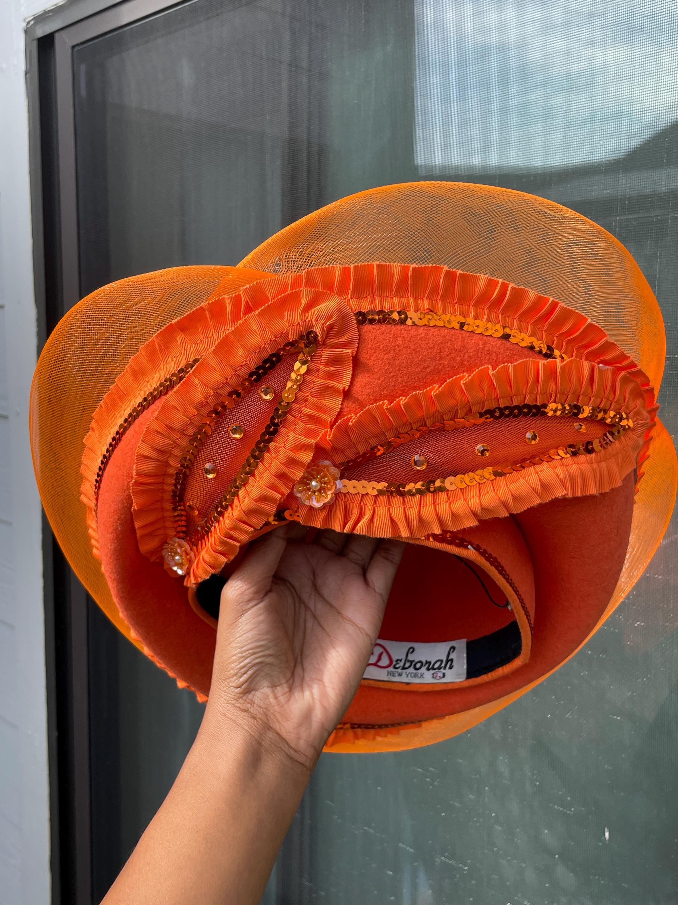 Deborah New York Orange Fancy Hat with glittering veils wrapped around hat. ORANGE MINI GLITTER TOP HAT HEADBAND VEIL LADIES BURLESQUE  main image 2