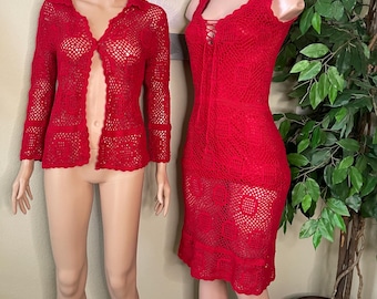 Vintage Red Crochet Two Piece Dress Set
