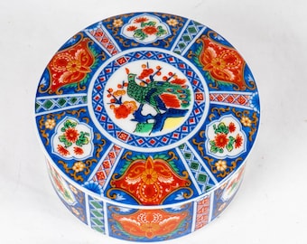 Takahashi Trinket Box with Lid Porcelain Peacock Flowers Blue Red Japan