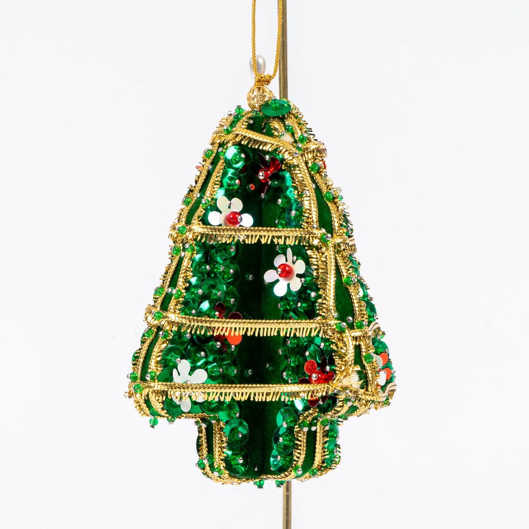Walco Holiday Christmas Tree Bead Sequin 3D Ornament Green Gold Vintage