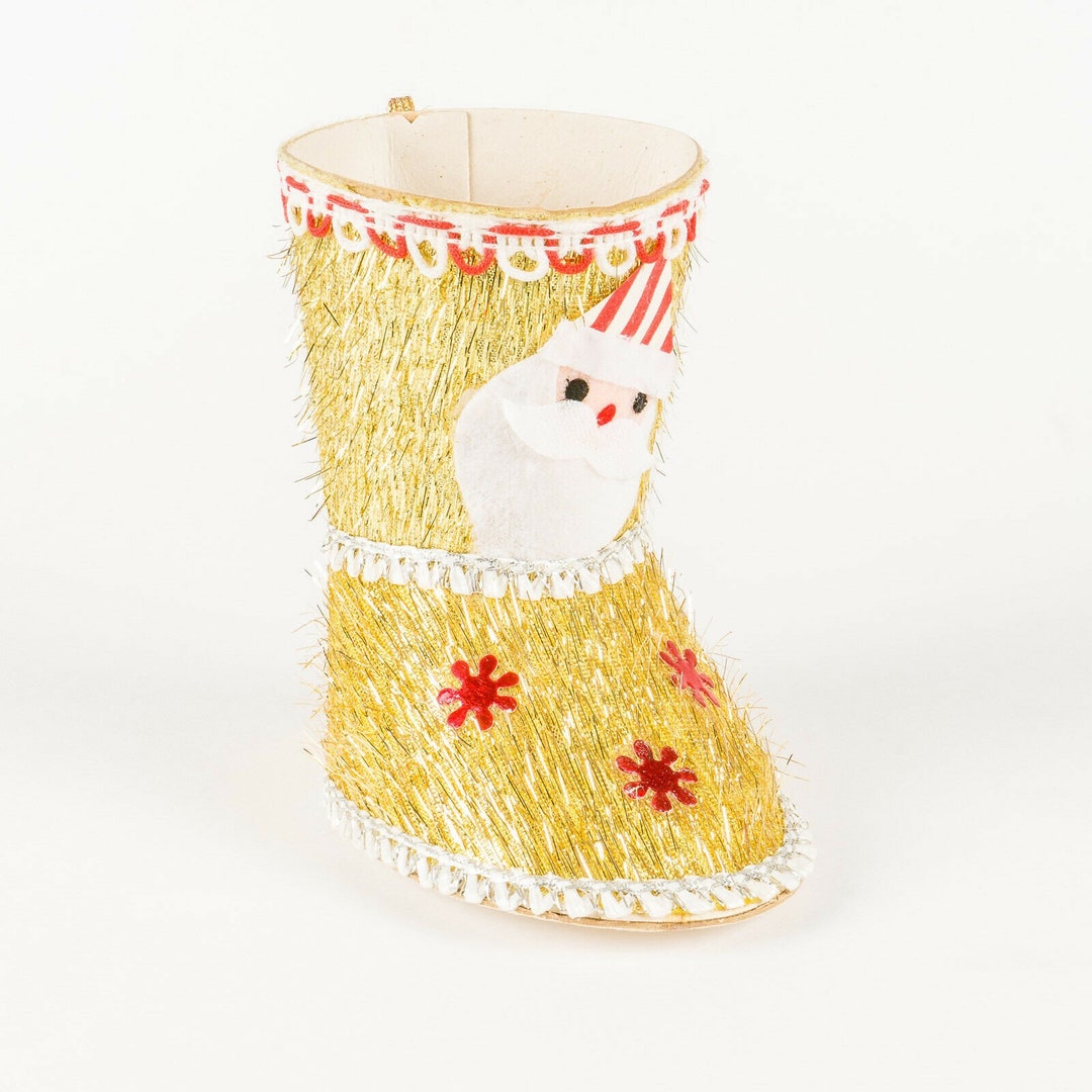 Santas Boot Candy Container Gold Tinsel Cardboard Christmas Ornament