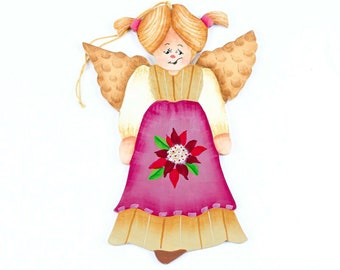 Girl Angel Purple Apron Signed Kessler Hand Painted Wood Christmas Ornament #5