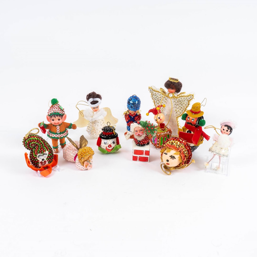 Lot of 12 Bead and Sequin Figural Christmas Ornaments Handmade Walco