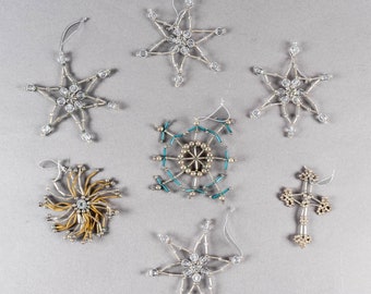 Lot of 7 Vintage Silvered Glass Rod Bead Ornaments Snowflake Star Cross Handmade