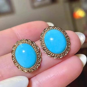 18K Gold Natural High Color Deep Blue Sleeping Beauty Turquoise Earrings, Natural Turquoise Earrings, Anniversary Earrings