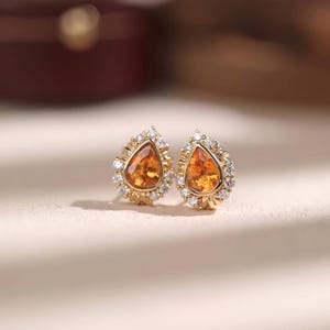 18K Gold Spessartine Garnet Earrings with Natural Diamonds