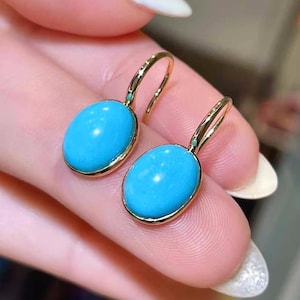 18K Gold Natural High Color Deep Blue Sleeping Beauty Turquoise Earrings, Natural Turquoise Earrings, Anniversary Earrings