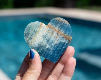 Blue Onyx Heart Carvings | Lumerian Aquatine Calcite Heart Carvings | YOU CHOOSE