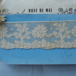 1y 11&quot; Antique French 2 1/8&quot; Cotton Floral Flowers Botanical Art Deco Picot Scallop Net Lace Valenciennes Edwardian Flapper Dress Hat Trim