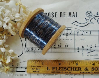 Antique German Full Spool Blue Silver Flat Metal Plated Metallic Narrow Embroidery Thread Trim Sewing Needlework Embroidery Applique Ribbon