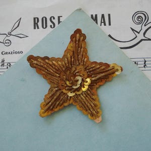 May include: A gold star-shaped applique with a textured surface. The applique is made of sequins and thread.