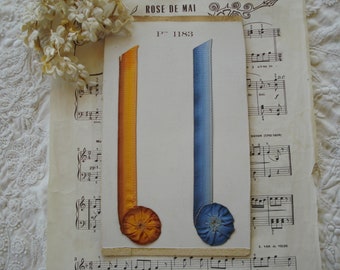Antique French Salesman Sample Card Marigold Blue Silk Metallic Ribbon Work Cockade Pinwheel Applique Flower Rosette Edwardian Flapper Trim