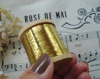 Antique French Full Spool Gold Tinsel Real Metal  Metallic Flat Narrow Embroidery Thread Trim Sewing Needlework Embroidery Applique Ribbon