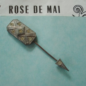 Antique Silver Metal Glass Paste Rhinestone Paste Hatpin Hat Stick Pin Brooch Deco Nouveau Hair Jewelry Accessory Scarf Flapper Millinery