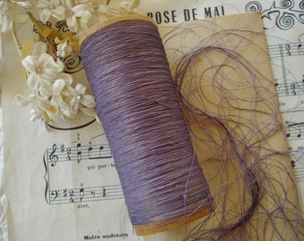 Antique French Large 4 3/8" Spool Very Fine Purple Silk Gold Metal Twist Metallic Embroidery Sewing Thread Floss Applique Ribbon Work Doll