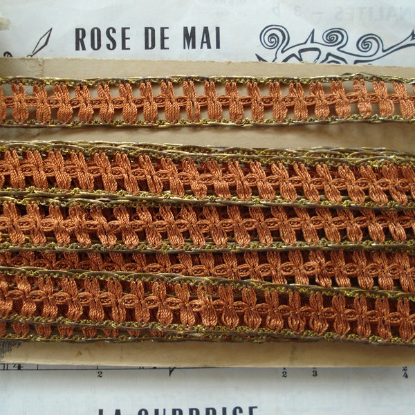 18" Antique French 3/4" Rust Floss Insert Gold Metal Thread Lace Edge Deco Gimp Braid Passementerie Trim Victorian Edwardian Flapper Dress