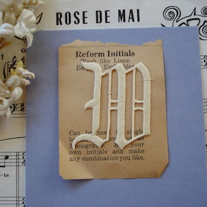 May include: A close-up of a white paper initial "M" with a decorative, ornate design. The initial is on a piece of paper with the text "Reform Initials" and instructions on how to use the initial. The paper is on a light blue background.