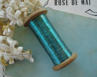 Spool Antique French Aqua Teal Oval Metal Metallic Embroidery Thread Floss Ribbonwork Flowers Victorian Applique Doll Fly Tying Fishing