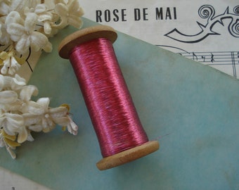 Spool Antique French Bright Pink Oval Metal Metallic Embroidery Thread Floss Ribbonwork Flowers Victorian Applique Doll Fly Tying Fishing