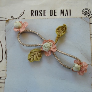 Antique Early French Dusty Rose Pink Aqua Blue Silk Ribbon Work Flower Metallic Cord Applique Edwardian Flapper Hat Vintage Trim Doll Dress