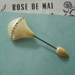 Antique Soft Golden Ivory Fan Celluloid Plastic Rhinestone Hatpin Hat Stick Pin Brooch Deco Jewelry Wedding Hair Flapper Millinery Trim
