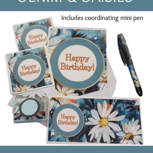 Alles Gute zum Geburtstagskarten-Set - Karten + Geschenk mit Haftnotiz - Denim/Gänseblümchen - Versandfertig