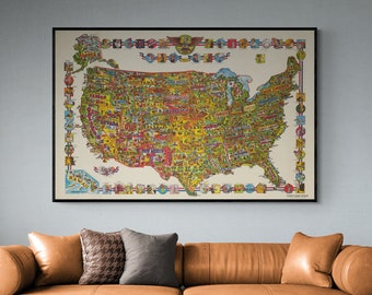1975 Cartoon USA Map Art Print: Vintage United States Reproduction