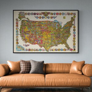 1975 Cartoon USA Map Art Print: Vintage United States Reproduction