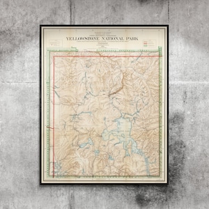 Carte ancienne du parc national de Yellowstone de 1910, documents officiels, grande carte, topographie, caractéristiques géographiques du parc de Yellowstone, belle reproduction