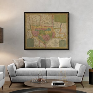 Raro mapa antigo do Texas, com os estados americanos contíguos e os estados mexicanos, 1836, reprodução fina, vintage, mapa enorme, decoração antiga